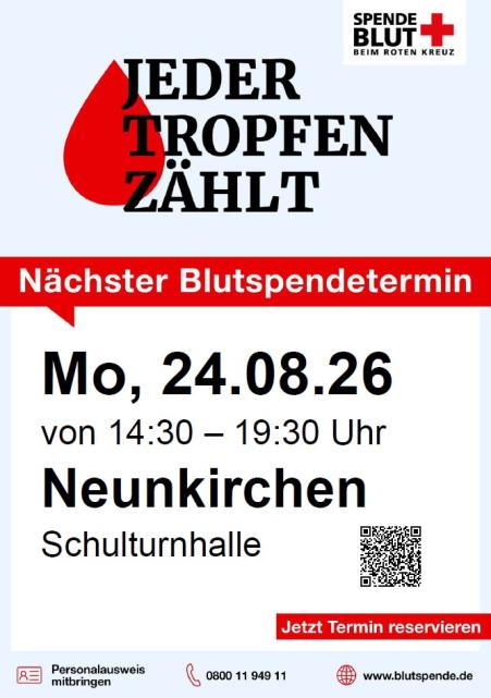 Plakat Blutspendetermin in Neunkirchen am 24.08.2026