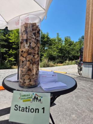 Das mit Holzhackschnitzeln gefüllte Schätzglas
