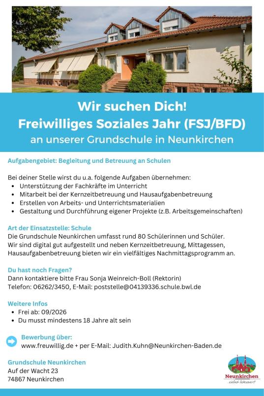 Stellenausschreibung FSJ/BFD Grundschule Neunkirchen 2026
